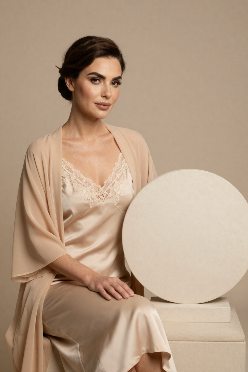 Fictional 29-year-old woman, a mature sophisticated woman with strong groomed brows, defined cheekbones, polished mature makeup
